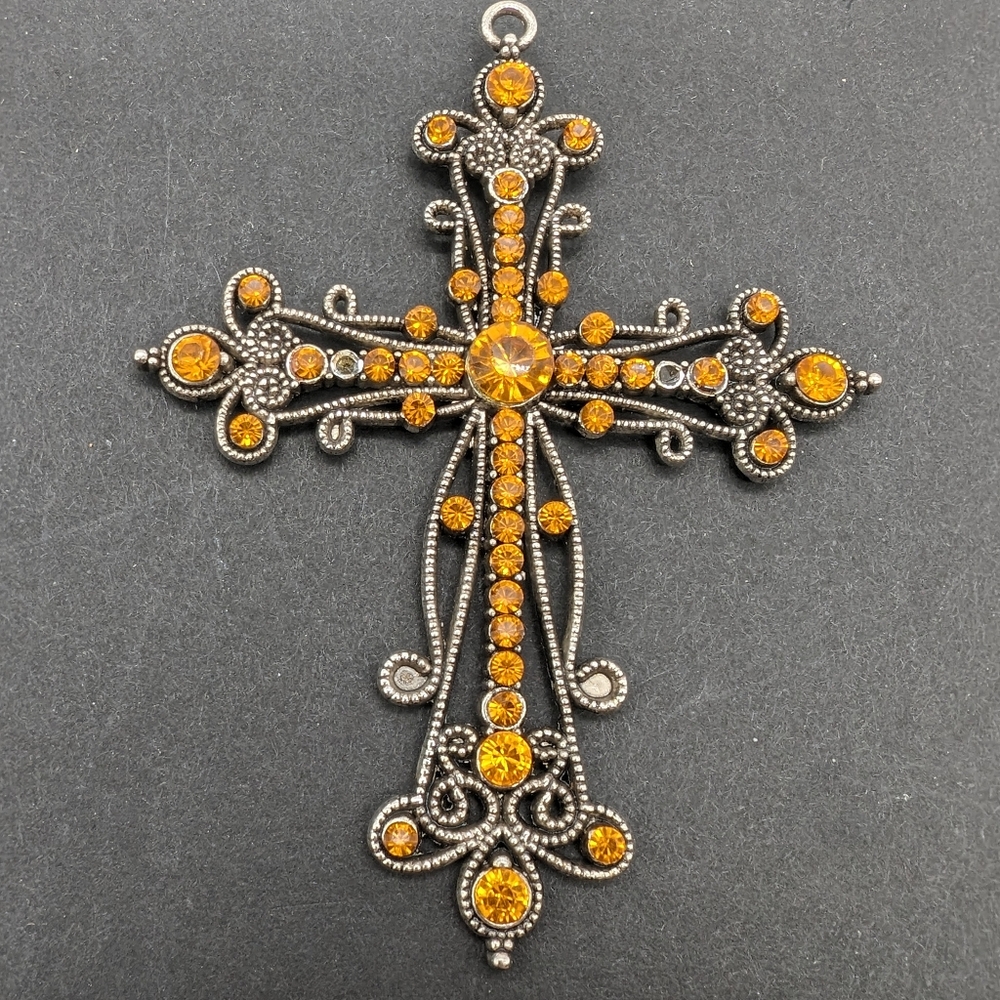 Pale orange-golden large cross brooch and pendant